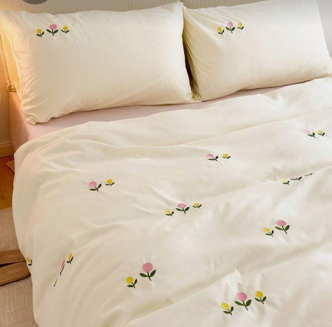 Pink, Yellow Flowers Embroidery Bedsheet