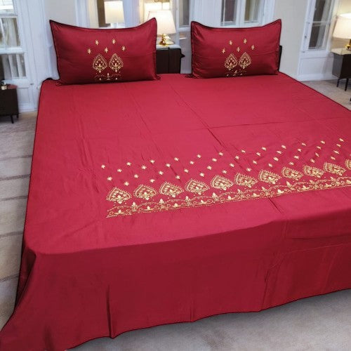 Aroma Majestic Maroon Pattern Embroidery Bedsheet