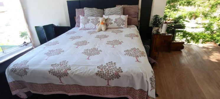 Pink Tree Handblock Printed Bedsheet
