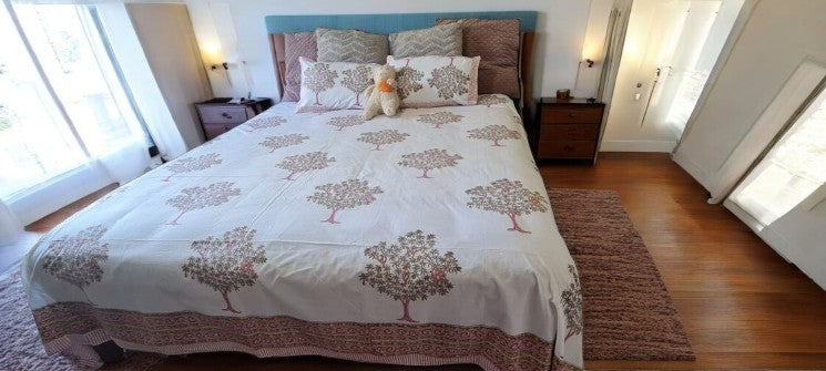 Pink Tree Handblock Printed Bedsheet