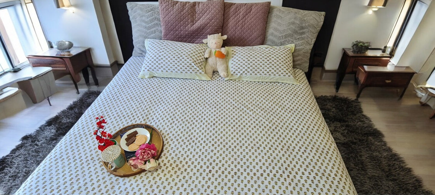 Elegant Green Leaf Handblock Printed Bedsheet