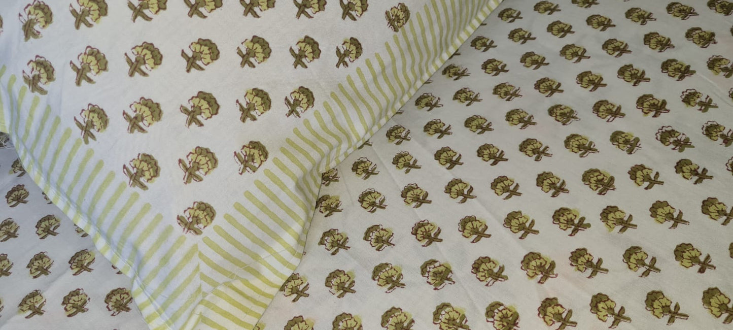 Elegant Green Leaf Handblock Printed Bedsheet