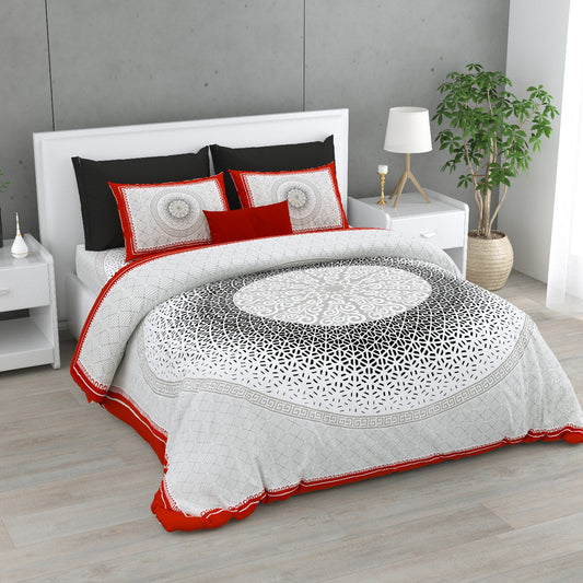 Red, White & Black Geometric Printed Bedsheet