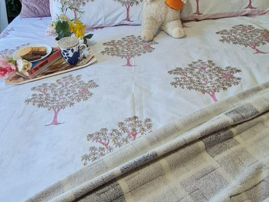 Pink Tree Handblock Printed Bedsheet
