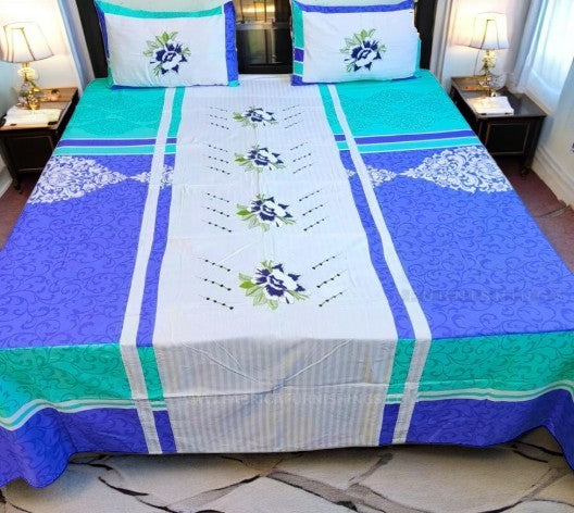 Aroma Heavenly Blue White Embroidery Bedsheet
