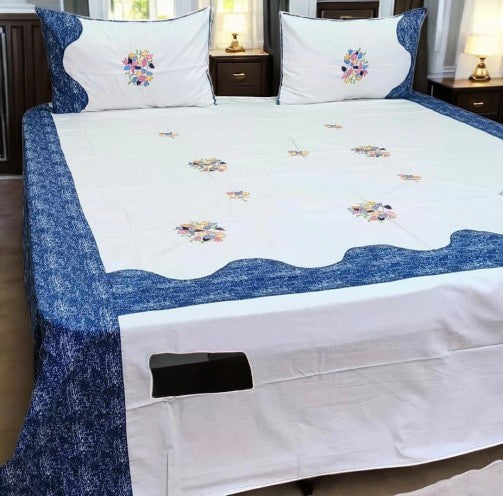 Aroma Blue Flower Haven Embroidery Bedsheet