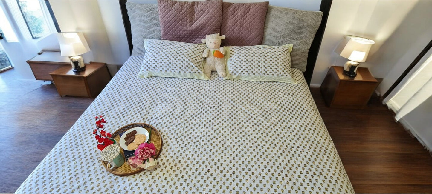 Elegant Green Leaf Handblock Printed Bedsheet