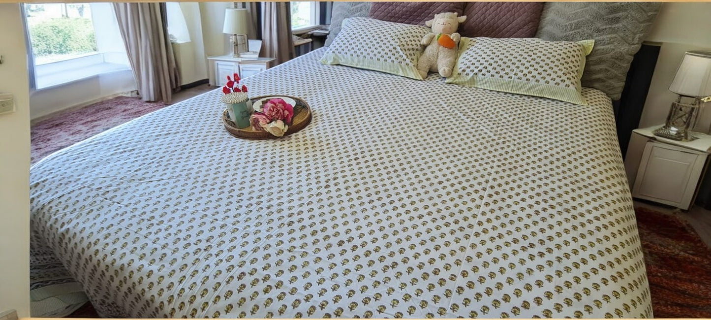 Elegant Green Leaf Handblock Printed Bedsheet